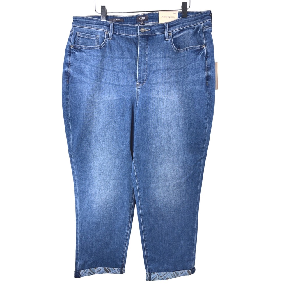 NWT NYDJ Margot Lovesick Girlfriend Jeans Blue Printed Cuff Plus Size 16W NEW